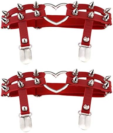 Women Girl Sexy Leather Heart Garters Punk Rock Rivet Stud Leg Ring 2pcs Red