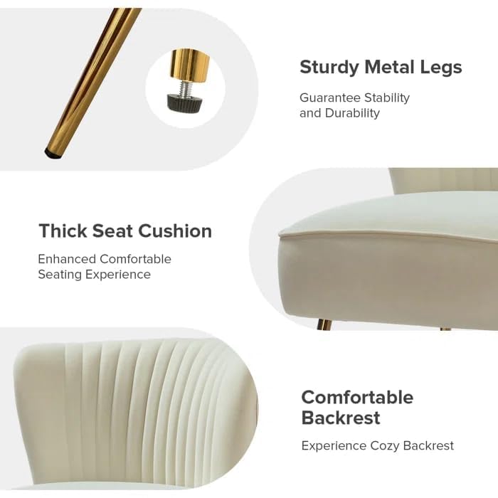 Image of Modern Upholstered Accent Velvet Chair Single Seater Channel Tufted Wing Back Chair with Golden Matel Legs for Living Room, Bedroom, Dining Room, Ivory