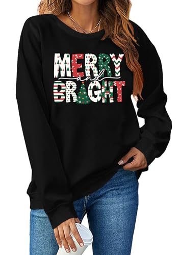 Image of Christmas Sweatshirt Women Merry and Bright Christmas T-Shirt Funny Xmas Lights Blouse Tops Holiday Shirts