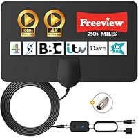 2025 Upgraded TV Aerial, Digital TV Aerial Indoor for Freeview TV, Amplified Indoor TV Aeral with Booster 250+ Long Range Reception (Matt Black)
