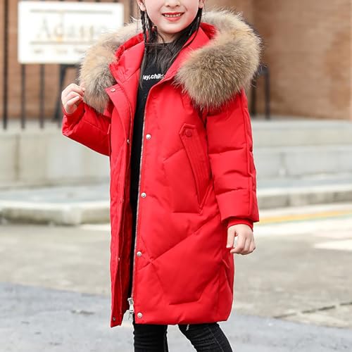 Girls Boys Winter Outerwear Hooded Down Coat Packable Lightweight Warm Puffer Down Jacket with 𝐅𝐮𝐫 (Red, 11-12 Years)3