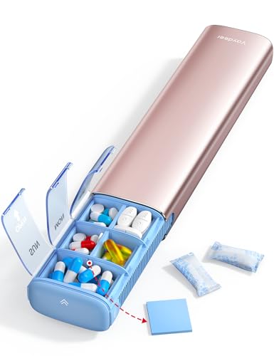 VAYDEER Metal Weekly Pill Organizer – Moisture-Proof Travel Pill Organizer with Built-in Desiccant Chamber and Airtight Lids – Large-Capacity Pill Box for Vitamins, Medicines & Supplements (Rose Gold)