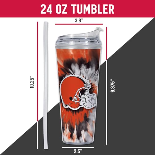 Image of Rico Industries NFL Football Cleveland Browns Metallic Tie Dye 24oz Metallic Acrylic Tumbler with Hinged Lid, Officially Licensed Double Wall Tumbler with Straw