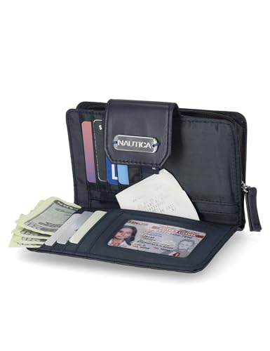Image of Nautica Womens, Close Reach Vegan Leather RFID Wallet, Small Credit Card Holder Purse with Zipper Coin Pocket and ID Window in Indigo Embossed