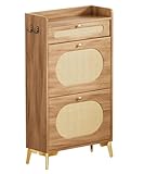 Yorbay 2 Klappen Schuhschrank mit Schubladen: Rattantüren Schuhkipper Schmal für 8-12 Paar Schuhe - Eiche Optik Schuhregal mit Staufach & verstellbaren Fächern für Flur Wohnzimmer