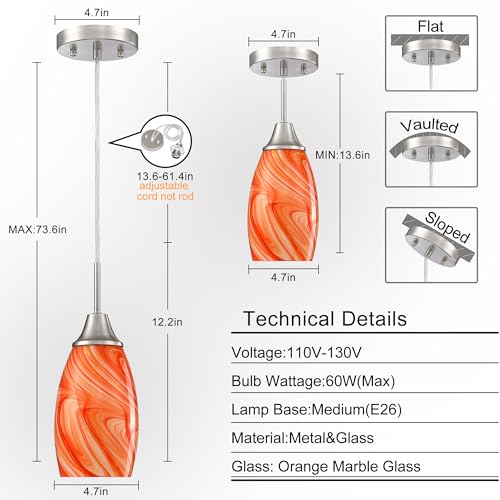 Image of Viinew Mini Glass Pendant Light,3-Pack Orange Marble Glass Hanging Light