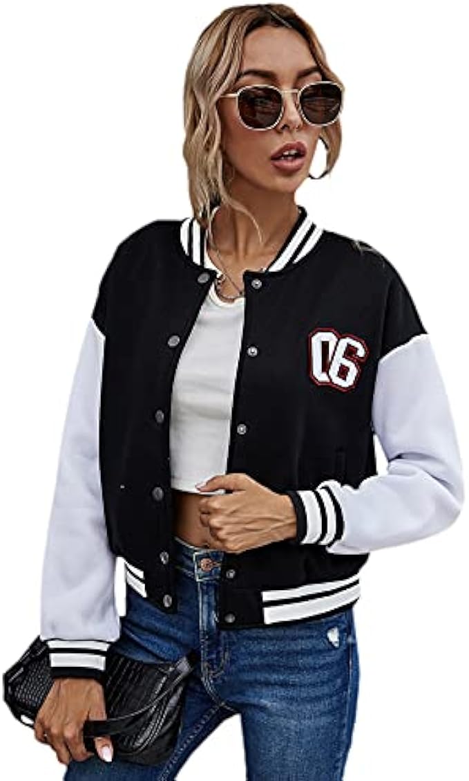 Verdusa Women's Letter Print Single Breasted Long Sleeve Colorblock Bomber Jacket