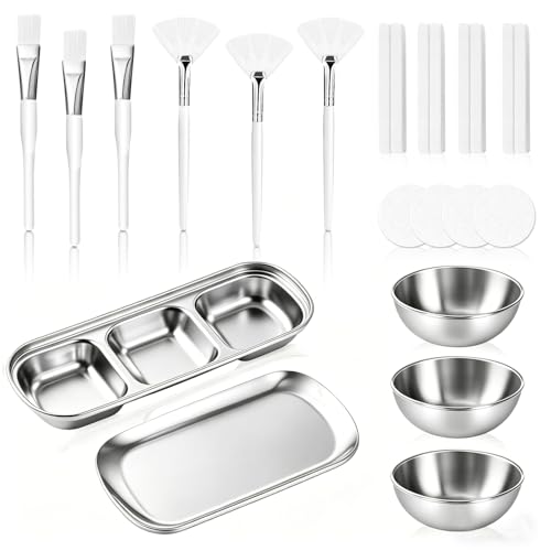 23 Pcs Silver Esthetician Supplies 3 Facial Bowls Esthetician Stainless Steel 3 Facial Fan Brush 3 Flat Face Mask Brush Salon Tray 3 Grid Serving Tray 12 Compressed Facials Sponges for Facials Spa