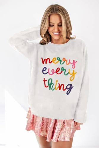 Image of LEMAFER Women 2026 Merry Christmas Round Neck Sequin Letters Sweater Casual Solid Slogan Long Sleeve Pullover Sweatshirt Tops