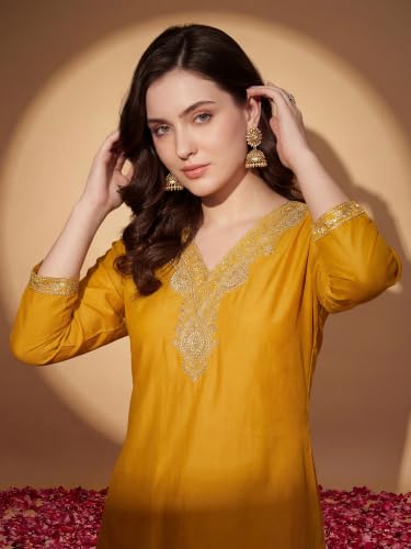 Image of INDO ERA Women's Silk Blend Embroidered Zari Work Straight Kurta & Pant Set | Cord Set For Women