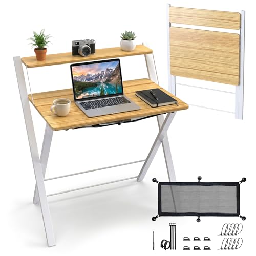 Escritorio Plegable con Estante para Monitor , Mesa Escritorio Pequeña sin Montaje , Escritorio Blanco para Oficina , Estudio o Casa , Ideal como Mesa Ordenador Portátil o Escritorio Abatible.