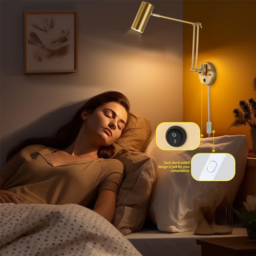 Image of Swing Arm Wall Lamps, Plug in Wall Sconces with 1.8m Power Cord, Wall Sconces Wall Mounted Lights with Remote Control for Reading, Sewing, Carving and Painting
