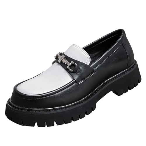Image of XENTORD Men's Patent Leather Platform Loafers Comfort Non-Slip Lug Sole Slip-On Dress Shoes with Metal Horsebit Detail for Business Office & Casual