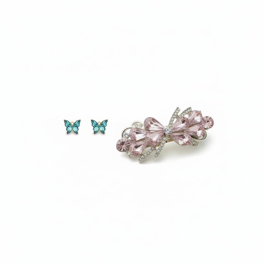 Barrette & Mini Butterfly Stud Combo – Multicolor Metal & Rhinestone Hair Clip Set, Elegant Hair Accessory for Girls & Women