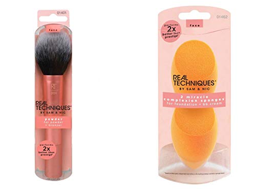 Real Techniques Powder Makeup Brush and Beauty Blender Sponge Set, Miracle Complexion Sponges, Set of 3