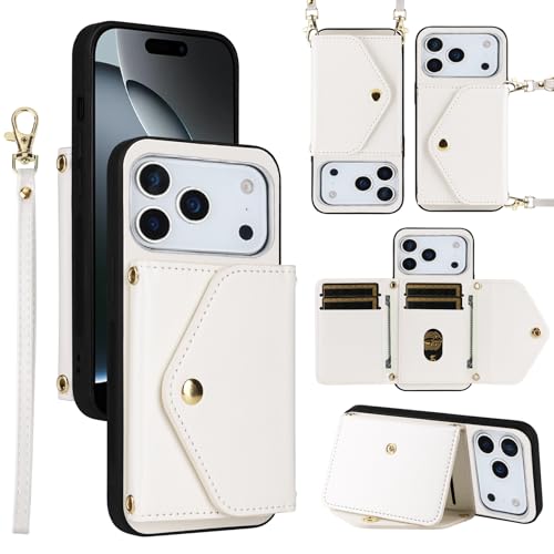 Étui portefeuille iPhone 17 Pro en cuir PU avec bandoulière et porte-cartes