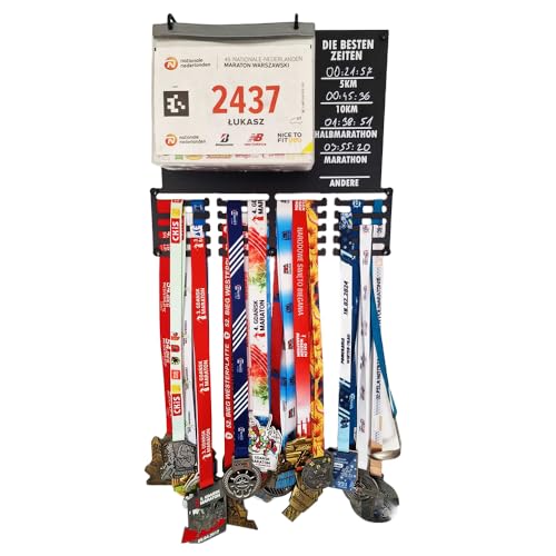 RUNGIFT Medaillenhalter Laufen mit Startnummernhüllen DIE BESTEN Zeiten Halter für Laufmedaillen & persönliche Bestzeiten (5 km 10 km Halbmarathon Marathon) Geschenk für Läufer