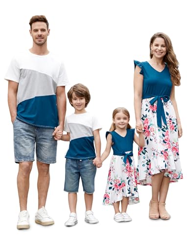 PATPAT Matching Family Outfits Mommy And Me Dresses with Ruffle Cuffs and Father Son Matching Outfits Short Sleeve T Shirts Printed Dress For Women S
