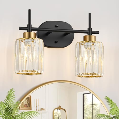Image of Modern Crystal Bathroom Vanity Light Fixtures, 2-Light Black and Gold Bathroom Wall Sconce Lighting for Over Mirror, Clear K9 Crystal Shades, E26 Base, Bulbs Not Included