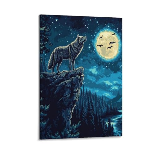 Loup murale décoration peinture sur toile moderne pour design salon 30x45cm