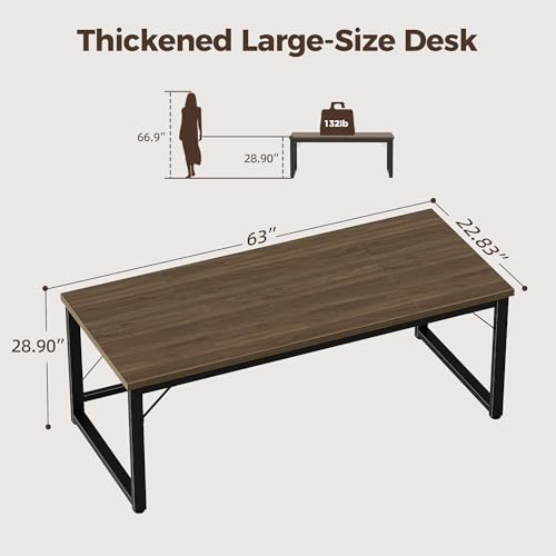 Image of Mericonia 63 Inch Computer Desk, 1 inch Thick Large Office Table, Walnut | Modern Simple Style, Heavy Duty Industrial Frame, Large Study & Writing Table for Home Bedroom Work
