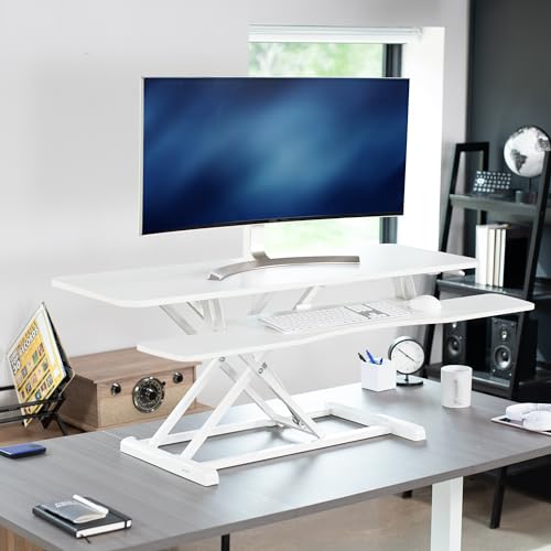 Image of VIVO 48 inch Desk Converter, K Series, Height Adjustable Sit to Stand Riser, Dual Monitor and Laptop Workstation with Wide Keyboard Tray, White, DESK-V048KW