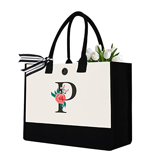 Image of Initial Canvas Tote Bag, Monogrammed Tote Bags Suitable for Mother's Day Wedding Beach