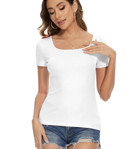 Plus Size White Tshirts Short Sleeve Tops for Women Square Neck Casual Work Trendy Workout Sexy Cute Going Out Tee Shirts Summer Fitted Ladies Fashion Clothing 2025 (White 2XL)2