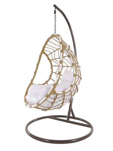 Kideo® Ensemble complet : fauteuil suspendu XXL avec structure et coussin, bicolore naturel, polyrotin, salon, fauteuil en osier (rotin : beige-blanc, couleur du coussin : blanc)