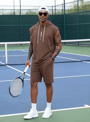 Image of Lexiart Mens Short Sets Sleeveless Workout Hooded 2 Pieces Outfits