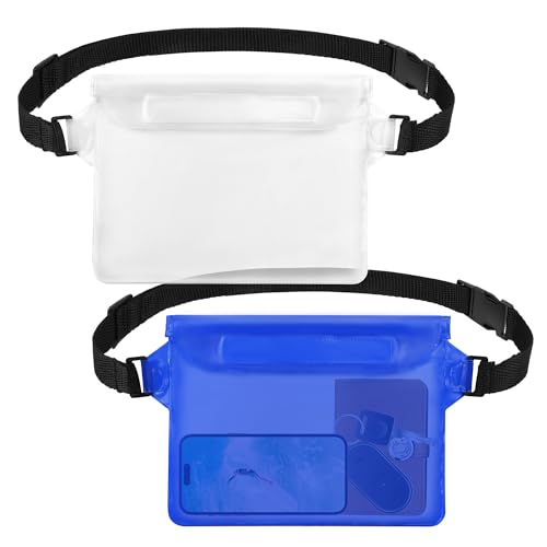 jealkip 2-Pack Waterproof Pouch with Adjustable Waist Strap, Waterproof Dry Bag, Keeps Cell Phones and Valuables Safe and Dry, Perfect for Kayaking, Beach, Camping and Swimming (Dark Blue + White)