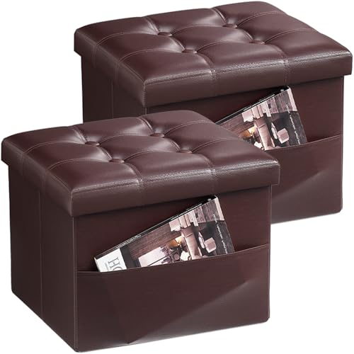 Image of Bsketa Storage Ottoman Bench, 16 inch Folding Leather Foot Rest, Brown 2 Pack | Small Ottoman with Side Pockets, Thicker Foam Padded Seat, Livingroom, Dorm, Bedroom, Easy to install, 38L, 16x12x12in
