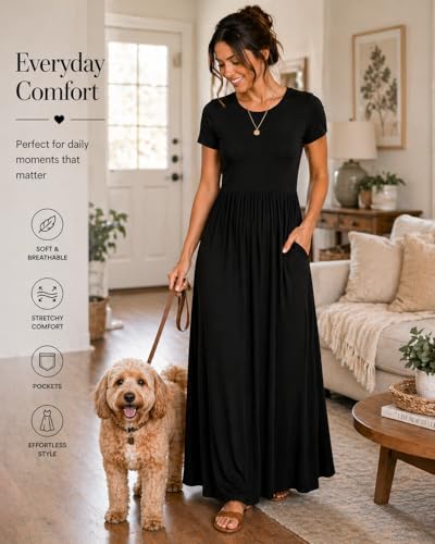 Image of AUOMITH Women's 2026 Summer Short Sleeve Empire High Waist Long Maxi Dress with Pockets