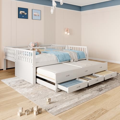 VIEKOS Litera de 90 x 200 cm, cama infantil, cama para niñas y niños, estructura de madera de pino y tablero de fibra de densidad media con escalera y cama extraíble y 3 cajones, sin colchón, color