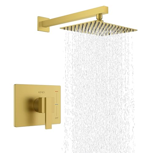 KENES Brushed Gold Shower Faucet, Modern Square 10-Inch Shower Head