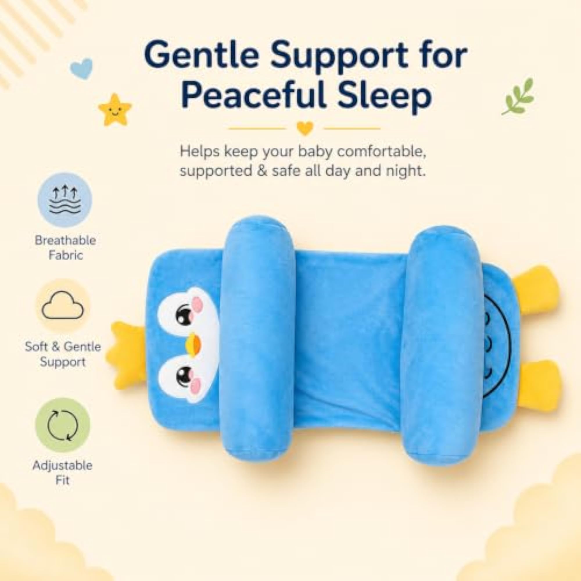 Adjustable Side Rollers Baby Neck Support Pillow, Penguin Design