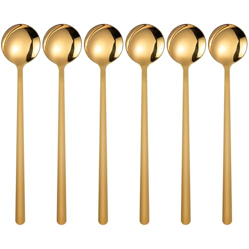 6 Pack Coffee Spoons, Stainless Steel Dessert Spoons, Small Tea Spoon, Long Handle Spoon for Ice Cream, Latte, Hot Chocolate, and Cake (Gold, 6.8 inch)