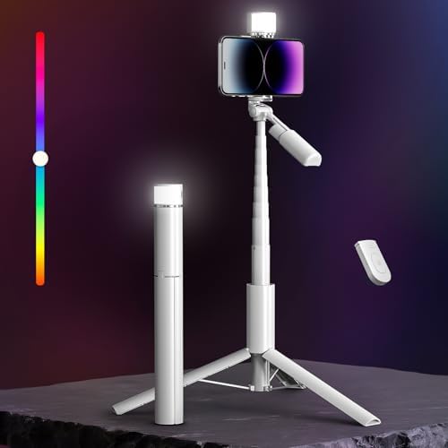 50'' Phone Tripod with Remote, Tripod for iPhone, 6 in 1 Selfie Stick with Light & Holder, Extendable Cell Phone Stand for Video Recording