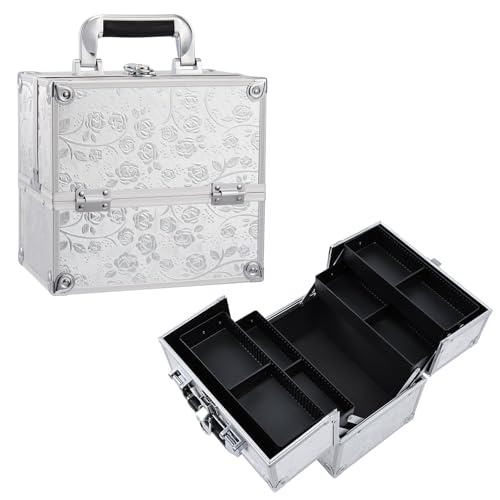 Professional Beauty Vanity Case Cosmetic Makeup Box Nail Polish Storage Beauty Train Case Lockable with Keys(Silver Rose)