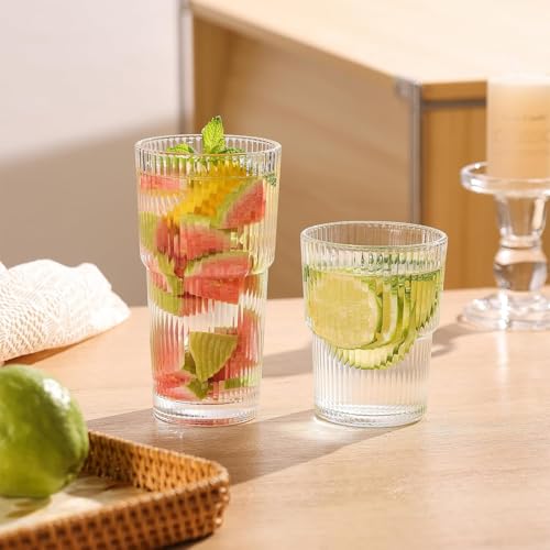 Image of WEZOSHINET Ribbed Glass Tumbler Drinking Glasses with Lids & Straws, Leak-Proof 20oz and 15oz Glass Cups, 2PCS Glass Tumblers, Ideal for Home, Office, Outdoor Use (20oz + 15oz Glass)