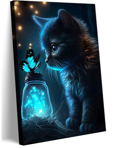 Framed Cute Cat Canvas Wall Art Blue Fluorescent Butterfly Curious little cat Wall Decor Picture Nursery Cute Animals Poster Naive Cat Painting Print for Nursery Baby Room Artwork Home Decoration