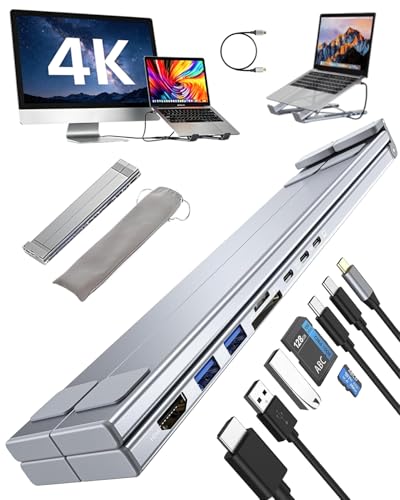 USB C Laptop Stand with Docking Station,8 in 1 Hub Laptop Stand Foldable Computer Riser with 4K HDMIPD 100W Dual Data Ports Multiport Adapter for Notebook Tablet,Portable Height Adjustable Holder