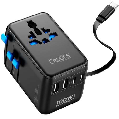 Image of Ceptics 7 in 1 Universal Travel Adapter with 100W Retractable USB-C Cable, Universal and Japan Socket Input, 2 Type A & C Ports, for Laptop /MacBook - Global Compatibility, 5-Year Warranty, Black