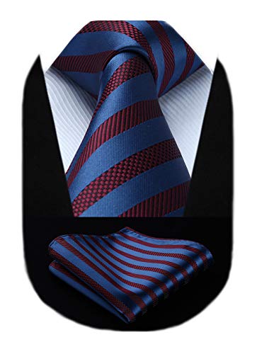 HISDERN Ties for Men Navy Stripe Tie and Pocket Square Set Business Burgundy Striped Silk Necktie Handkerchief Formal Wedding Neckties Classic 3.4''