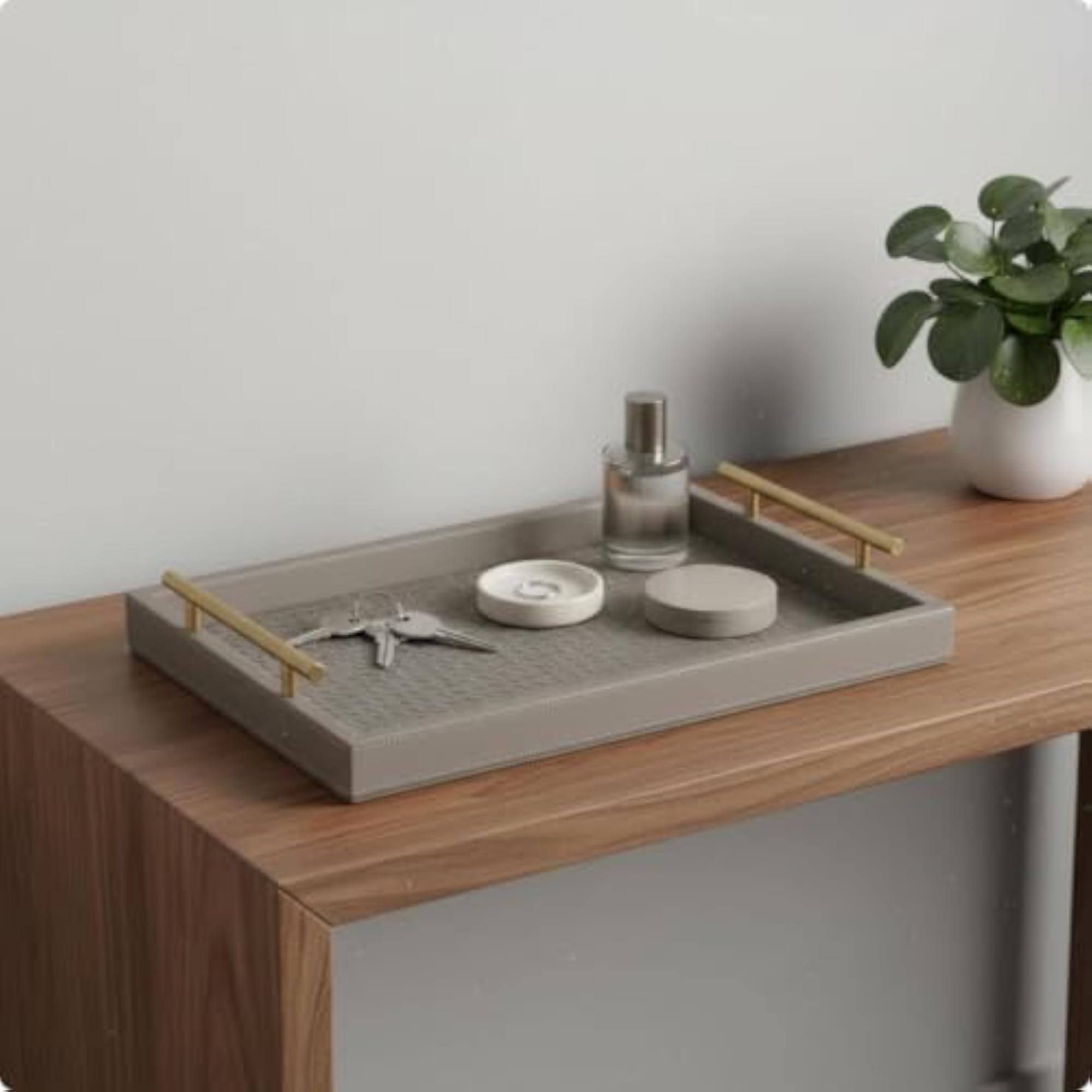 Leather Tray Luxury Look Rectangular Tray with Handles, Gray