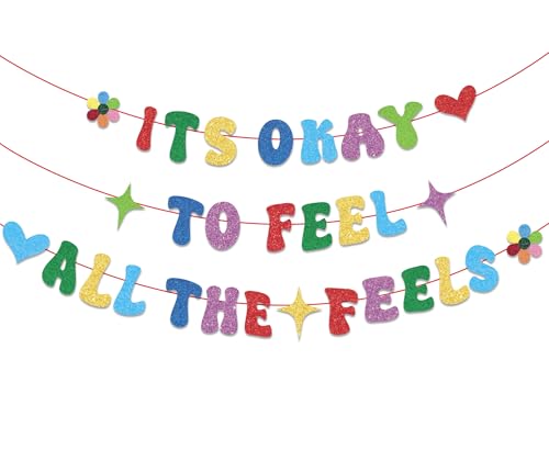 Inside Party Decorations Banner DIY Colorful Glitter It's Okay to Feel All The Fells party supplies Hanging Banner Decorations Cute Themed decorations for Birthday Party