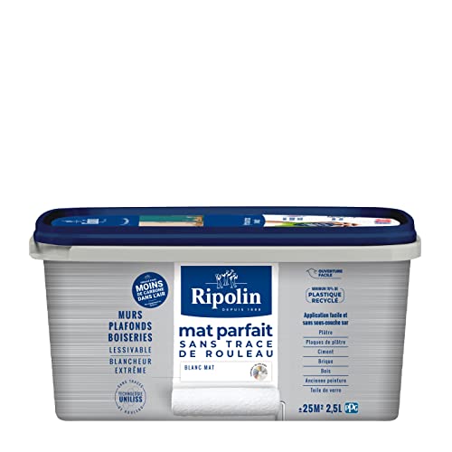 RIPOLIN Mat Parfait - Peinture intérieure pour Murs & Plafonds - Blancheur Extrême - Sans Trace de Rouleau - Technologie UNILISS - Lessivable - Mat - 2,5L -...
