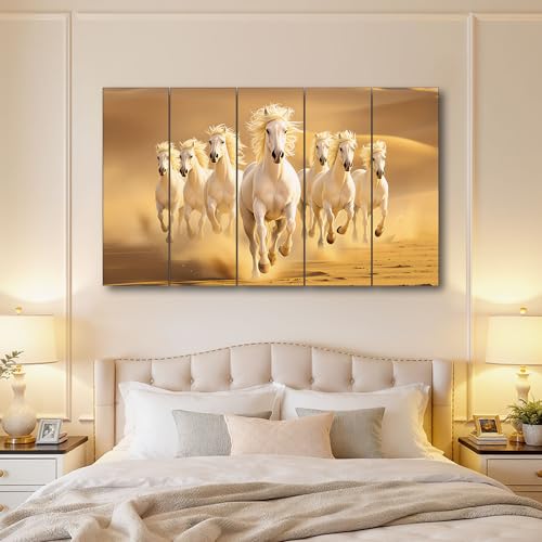Image of The Castle Decor Running Horses with Rising Sun Vastu Painting | Wooden Frame Multi-Panel Wall Art for Living Room (Multi Color - Design 8, 36x60 Inch)