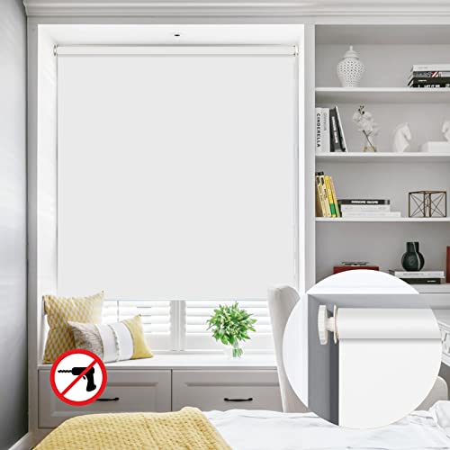 No Drill Inside Mount Blackout Roller Shades Custom No Tools Tension Window Blinds Easy Install Waterproof Blinds for Kitchen, Bathroom, Office, Living Room, White