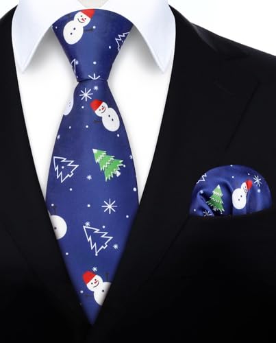 Image of HISDERN Christmas Ties for Men Holiday Tie and Pocket Square Cufflinks Festival Party Xmas Funny Silk Woven Necktie